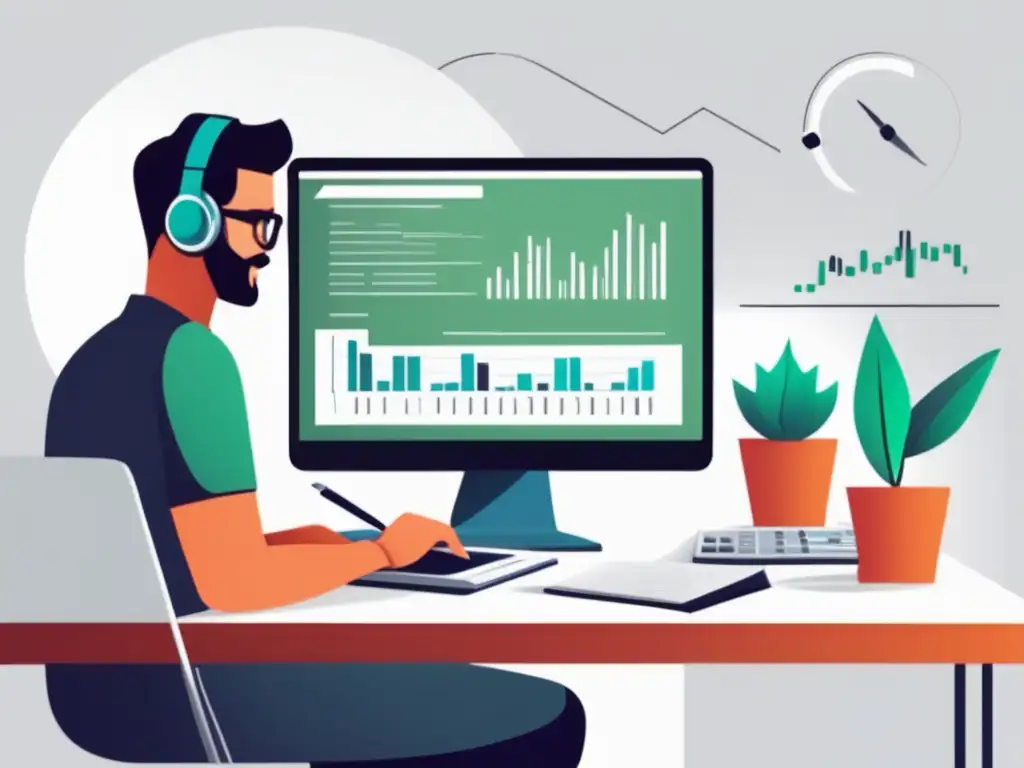 Freelancer enfocado en finanzas Freelancer enfocado en escritorio con elementos financieros, gráfica de crecimiento y útiles organizados