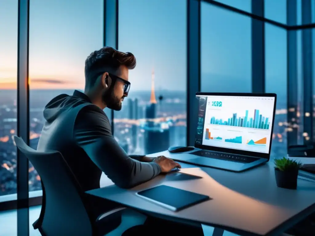 Freelancer enfocado en escritorio moderno Freelancer en escritorio minimalista, rodeado de vista panorámica de la ciudad, enfocado y gestionando riesgos financieros
