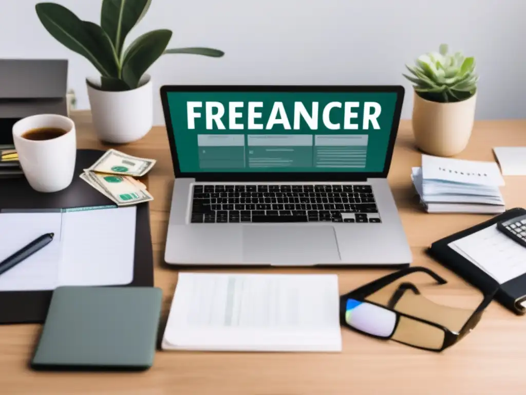 Freelancer diversificando ingresos y gestionando finanzas Imagen de estrategias financieras para freelancers: freelancer, ingresos, laptop, dinero, presupuesto, ahorro, calendario