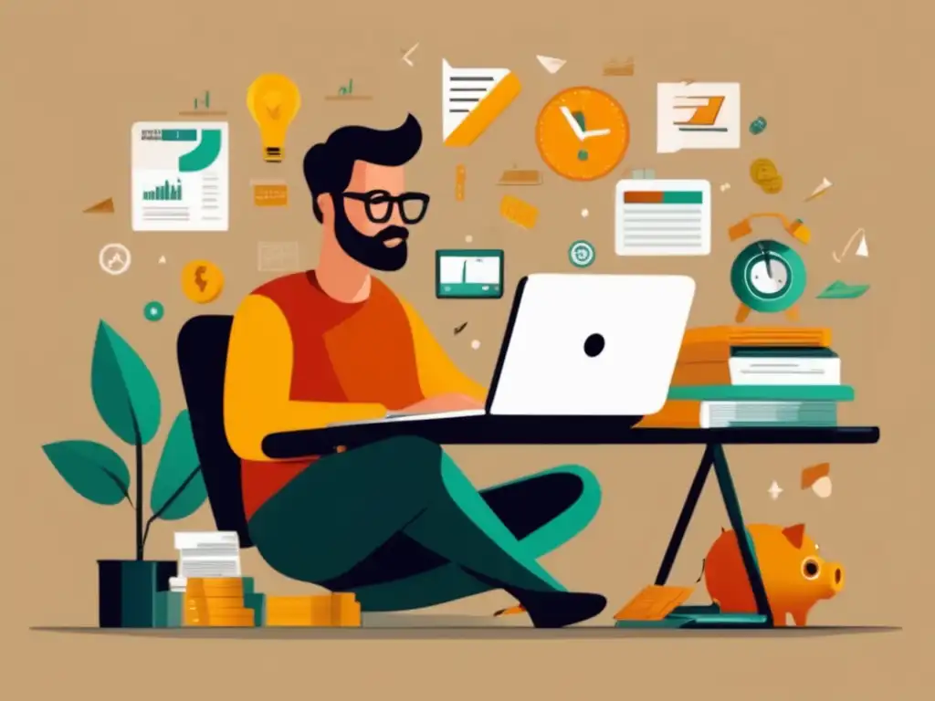 Freelancer gestionando riesgos financieros Gestión de riesgos financieros para freelancers: un freelancer reflexivo rodeado de elementos de riesgo financiero en un escritorio minimalista