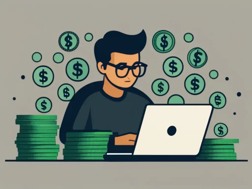 Freelancer planeando metas financieras Freelancer con laptop, rodeado de dinero y pensando en metas financieras para freelancers