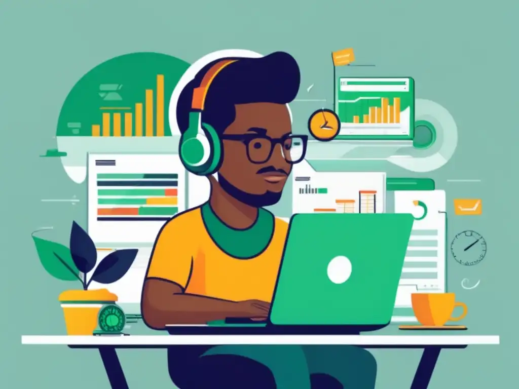 Ilustración minimalista de un freelancer con laptop y dinero Ilustración minimalista de un freelancer enfocado en su trabajo, rodeado de dinero y gráficos