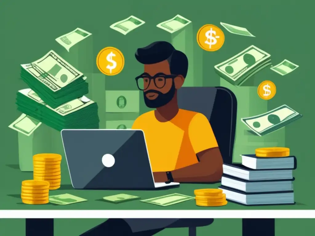 Freelancer rodeado de dinero y documentos Freelancer reflexivo rodeado de dinero y documentos financieros