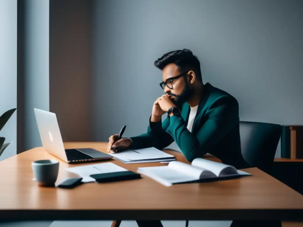 Freelancer reflexionando sobre finanzas Freelancer reflexionando sobre errores financieros en escritorio organizado