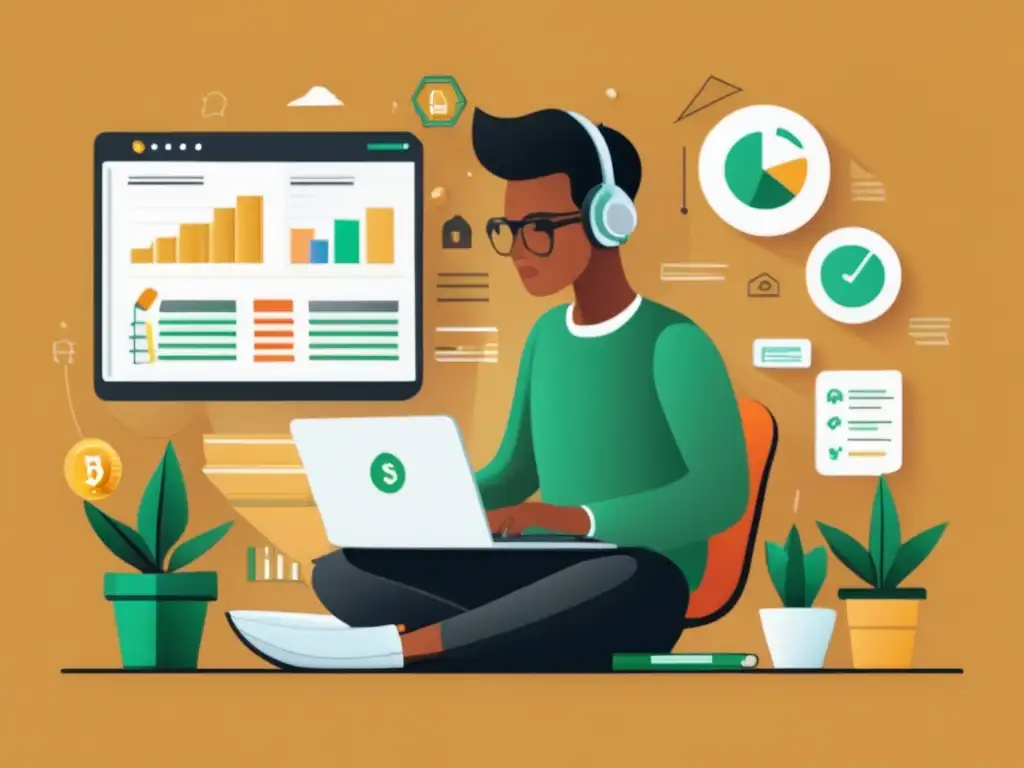 Freelancer financiero: metas, presupuesto y estrategias Ilustración minimalista de freelancer con laptop rodeado de elementos financieros, enfoque en estrategias de protección financiera para freelancers