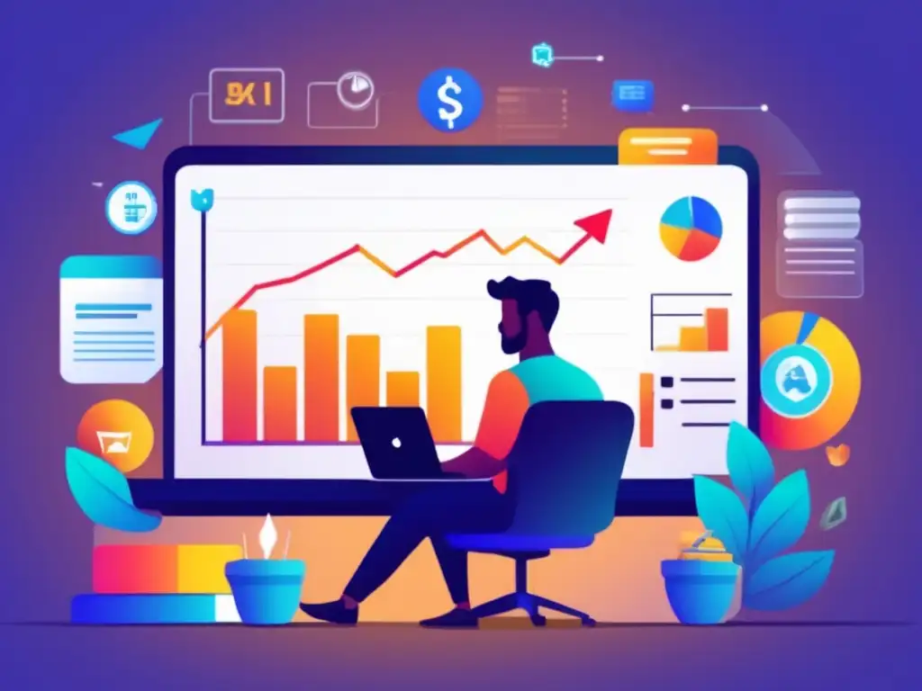 Freelancer alcanzando metas financieras Ilustración minimalista de un freelancer rodeado de metas financieras; herramientas para definir metas financieras para freelancers