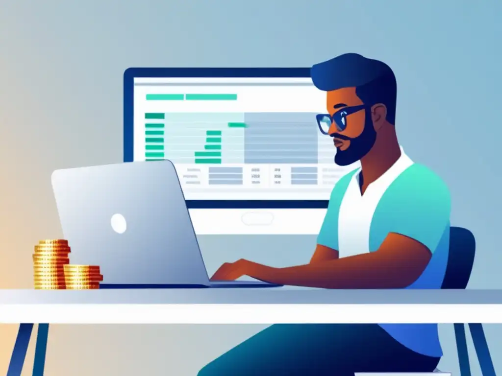 Freelancer organizado trabajando en finanzas Freelancer gestionando finanzas en su laptop rodeado de dinero