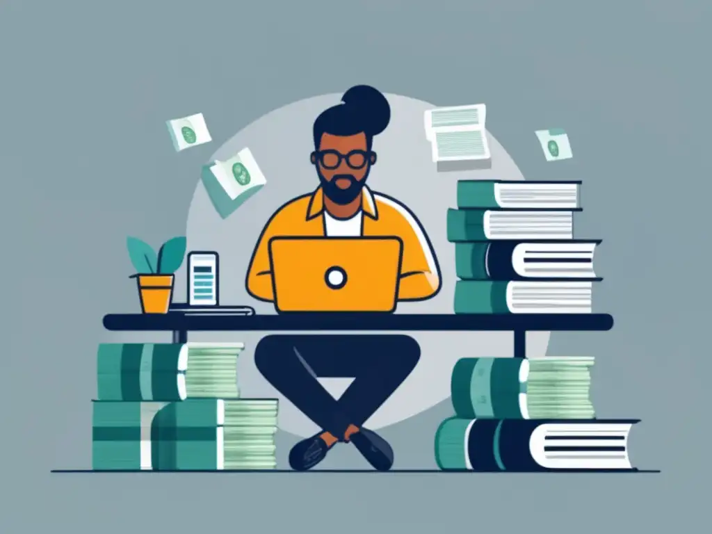 Freelancer organizando finanzas Freelancer enfocado en desafíos financieros en su escritorio con laptop, dinero y documentos