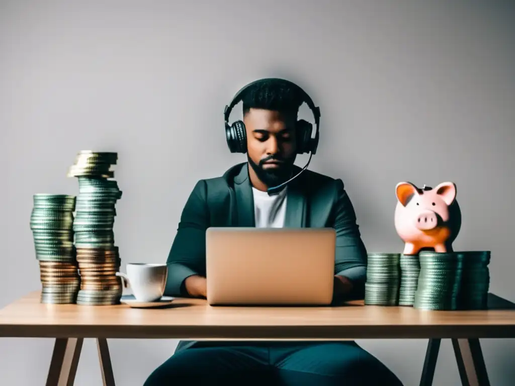 Freelancer enfocado con dinero y piggy bank Estrategias para crear un Fondo de Emergencia para freelancers