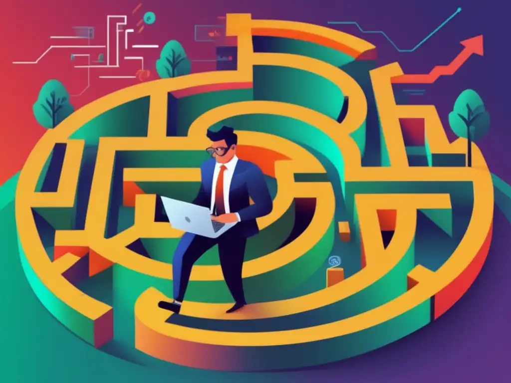 Freelancer enfrenta desafíos financieros en un laberinto Ilustración vibrante de un freelancer enfrentando retos financieros en un laberinto - Estrategias de protección financiera para freelancers