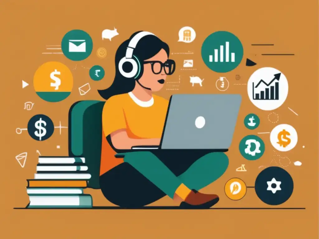 Freelancer enfrentando riesgos financieros Riesgos financieros para freelancers: imagen minimalista de freelancer en escritorio con laptop y símbolos de riesgos financieros