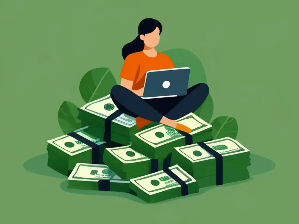 Freelancer con colchón financiero Ilustración minimalista de un freelancer sobre montón de dinero; planificación financiera para freelancers