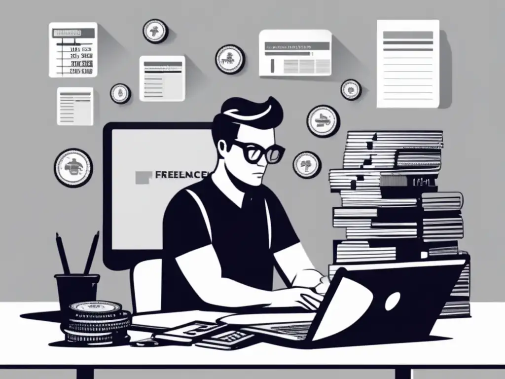 Freelancer planificando metas financieras Freelancer en planificación financiera: imagen minimalista de un freelancer en su escritorio, rodeado de dinero, calculadora, notebook y laptop