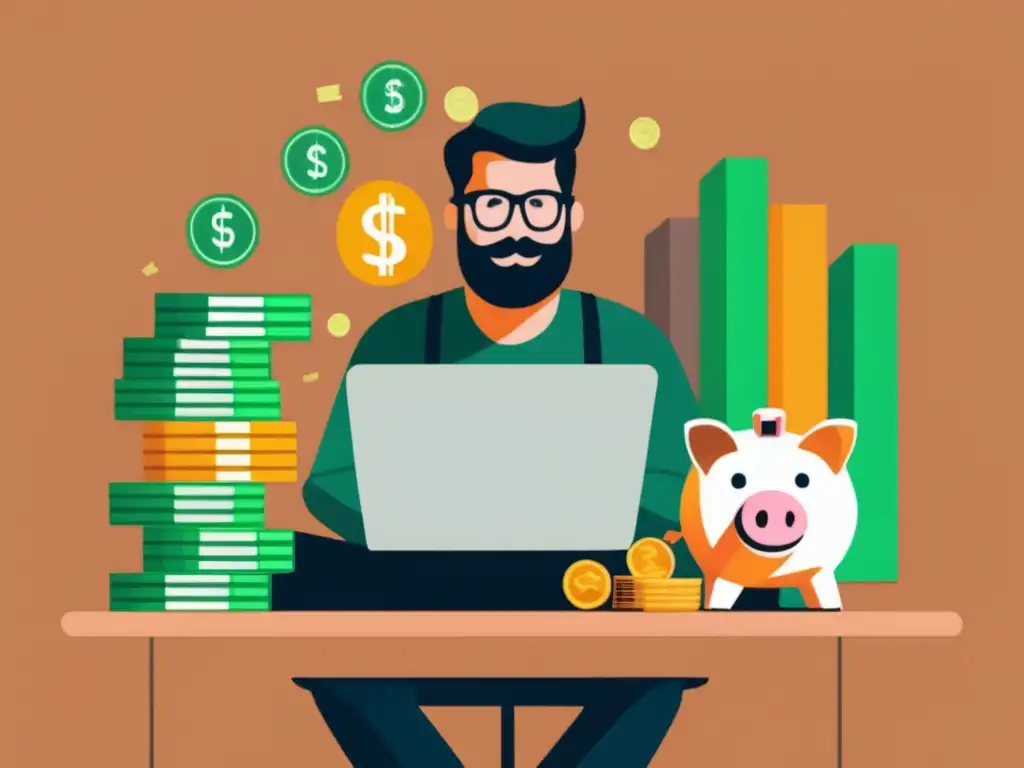 Freelancer financiero con laptop y dinero Freelancer con colchón financiero en escritorio con dinero, laptop y gráfica