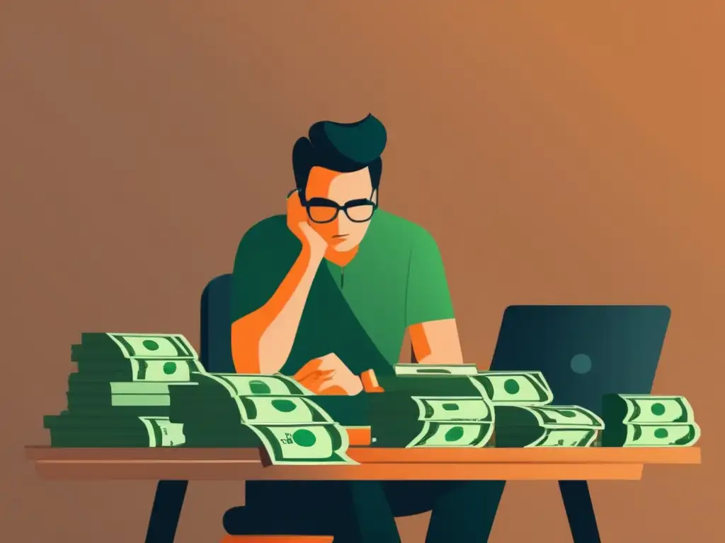 Freelancer reflexivo frente a dinero y calculadoras Freelancer en su escritorio, reflexionando sobre estrategias para tarifas y gestión financiera