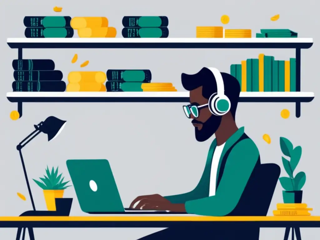 Freelancer trabajando para comprar casa Freelancer en mesa con dinero y laptop - Administración financiera para freelancers