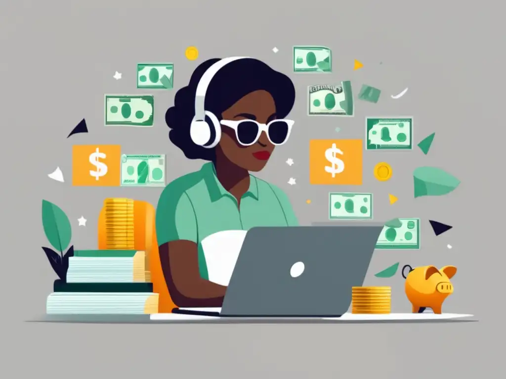 Freelancer enfocado en metas financieras Freelancer enfocado en metas financieras y trabajo en laptop rodeado de dinero, alcancemos metas financieras como freelancers