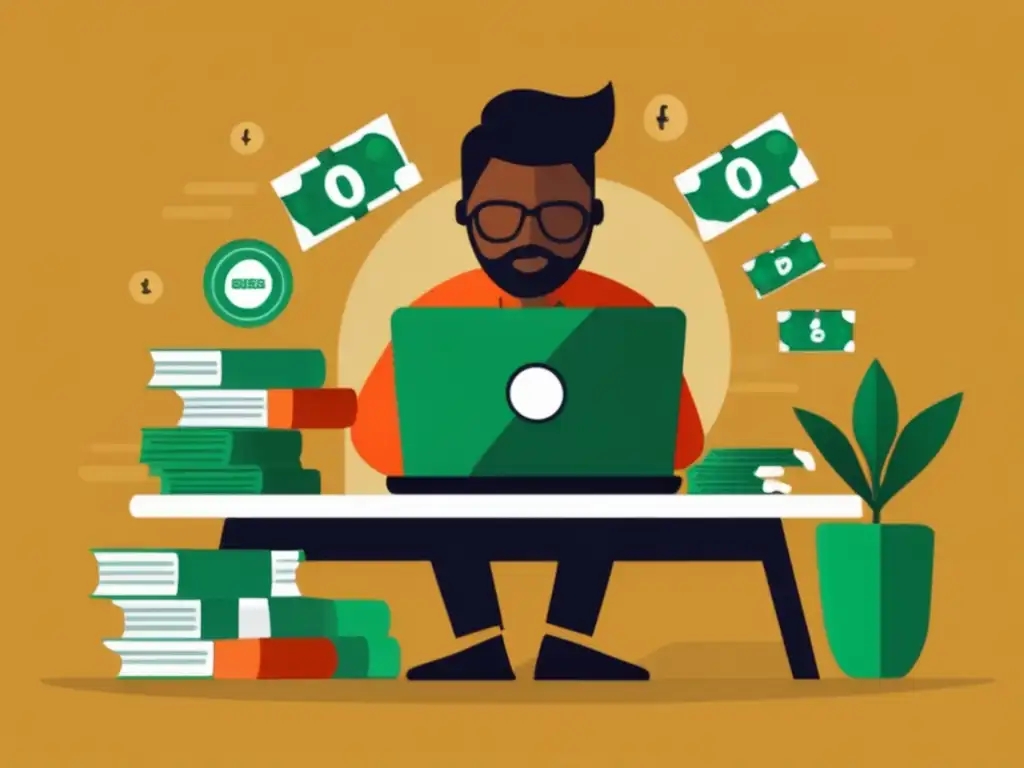 Freelancer: Ahorros, riesgos y oportunidades Ilustración minimalista de un freelancer con laptop rodeado de dinero y puzzle, resaltando desventajas y socios potenciales (110 caracteres)