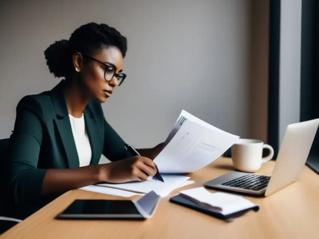 Freelancer registrando gastos meticulosamente Freelancer en escritorio, calculadora y café: deducciones fiscales para freelancers