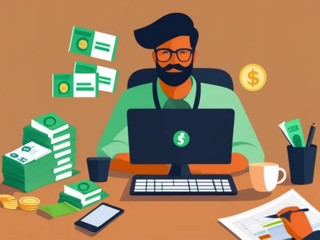 Freelancer gestionando dinero Gestión del flujo de efectivo para freelancers - Imagen con un freelancer organizando dinero y facturas
