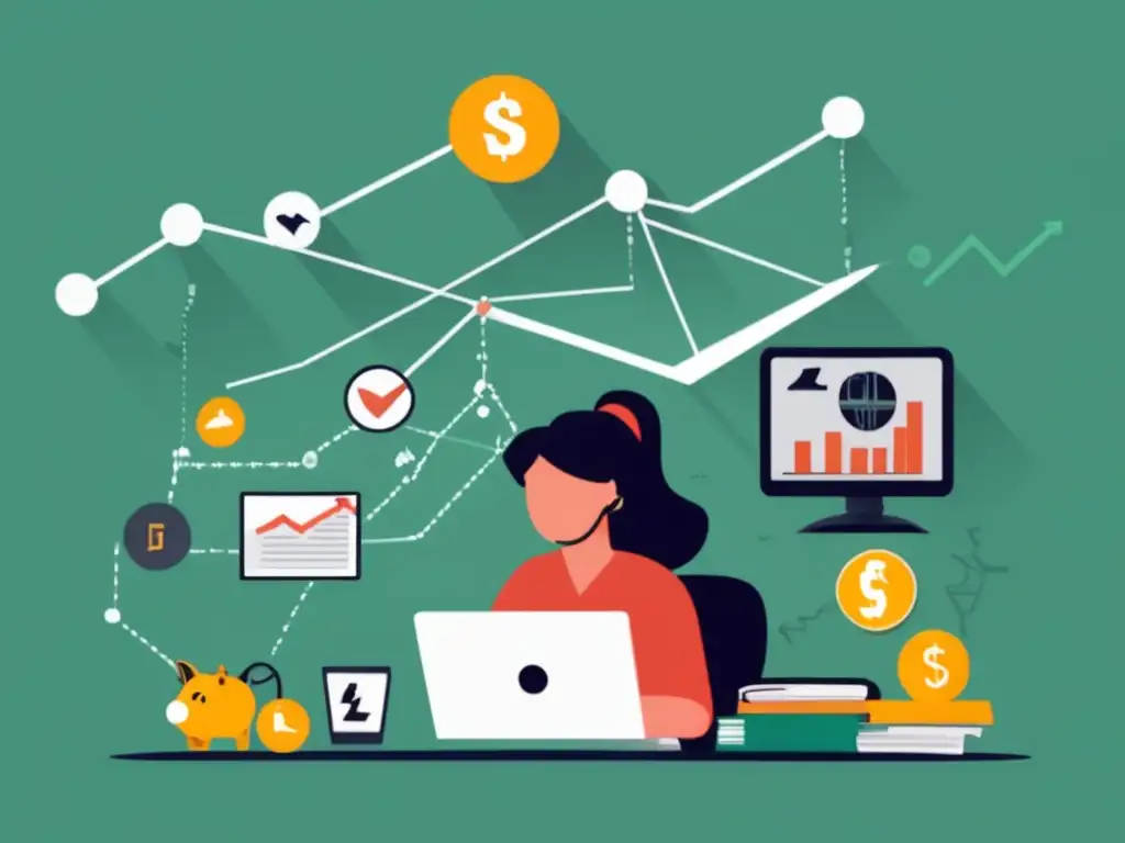 Freelancer gestionando riesgos financieros Freelancer en escritorio, rodeado de símbolos de riesgos financieros - riesgos financieros para freelancers
