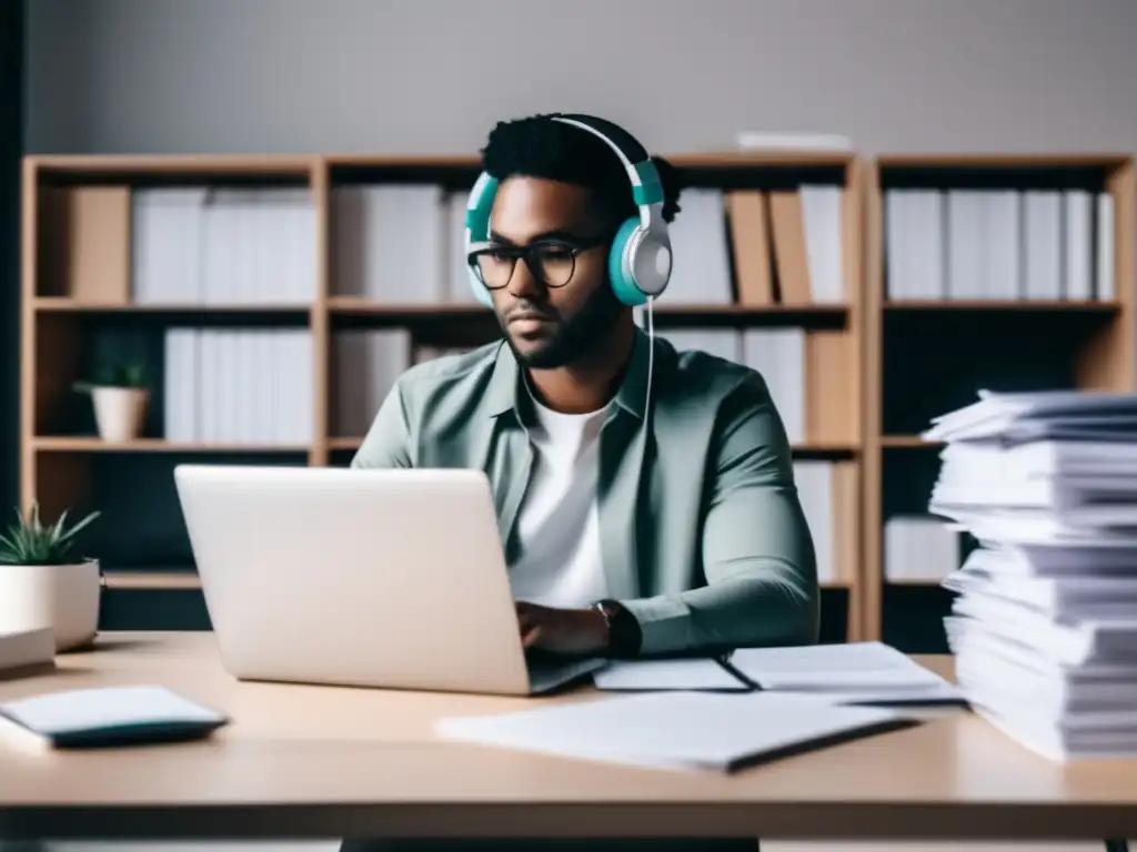 Freelancer trabajando con papeleo y obligaciones fiscales Leyes tributarias para freelancers en un espacio de trabajo minimalista