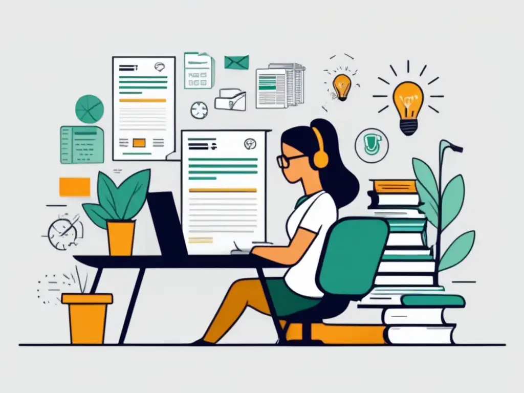 Freelancer gestionando impuestos Imagen: Freelancer rodeado de formularios fiscales, simbolizando la complejidad de los impuestos