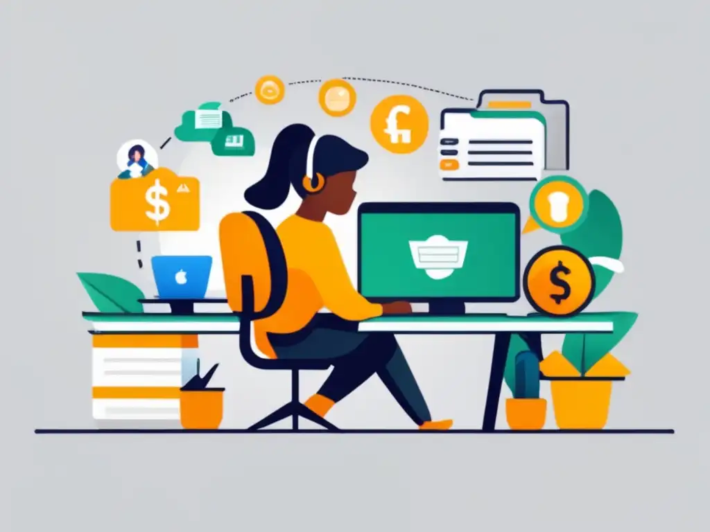 Freelancer diversificando ingresos y creciendo Ilustración de un freelancer trabajando en un escritorio rodeado de iconos de ingresos