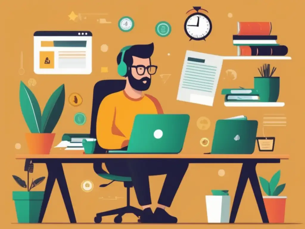 Freelancer diversificando ingresos Freelancer trabajando en escritorio con múltiples fuentes de ingreso - Gestión de riesgos financieros para freelancers