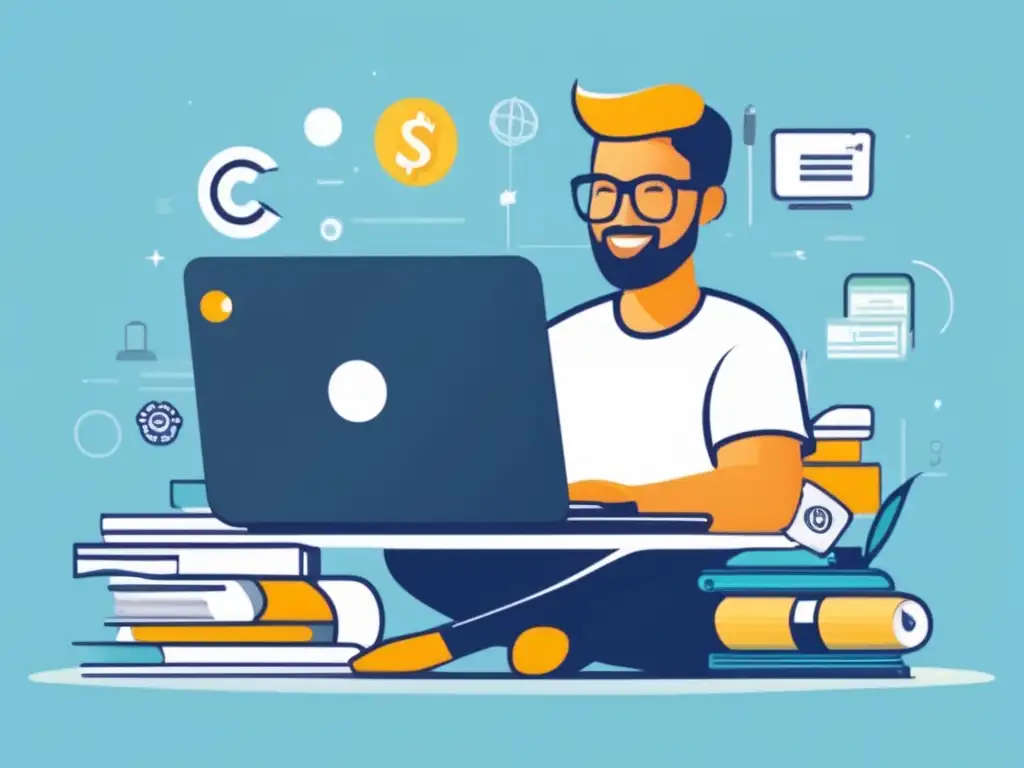 Freelancer: ingresos múltiples y eficiencia financiera Ilustración minimalista de un freelancer con laptop y dinero, rodeado de íconos de ingresos