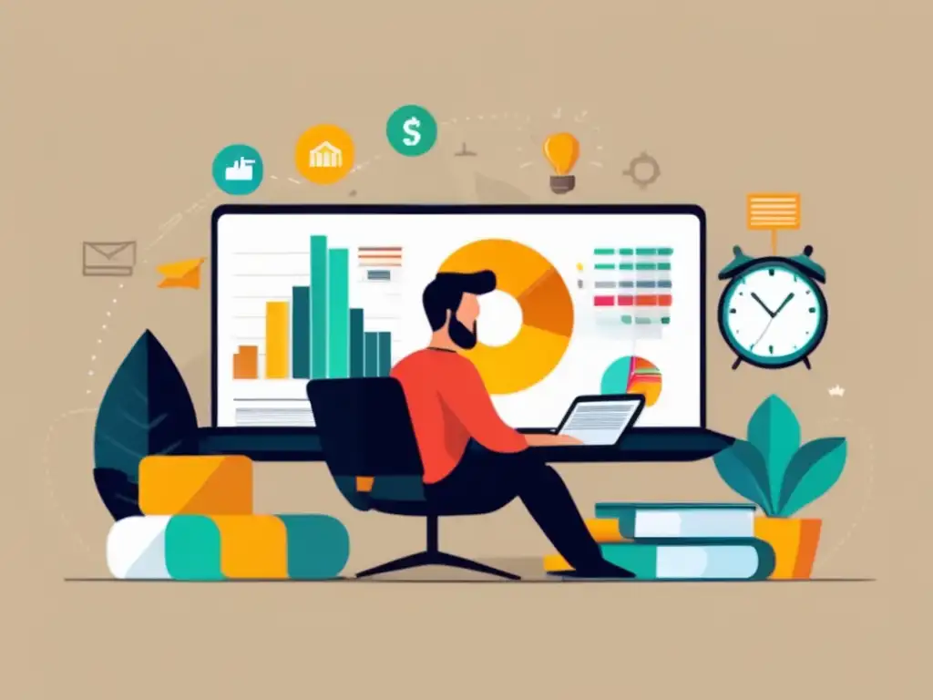 Freelancer con ingresos pasivos y estrategia a largo plazo Ilustración minimalista de un freelancer rodeado de fuentes de ingresos pasivos, con estrategia a largo plazo