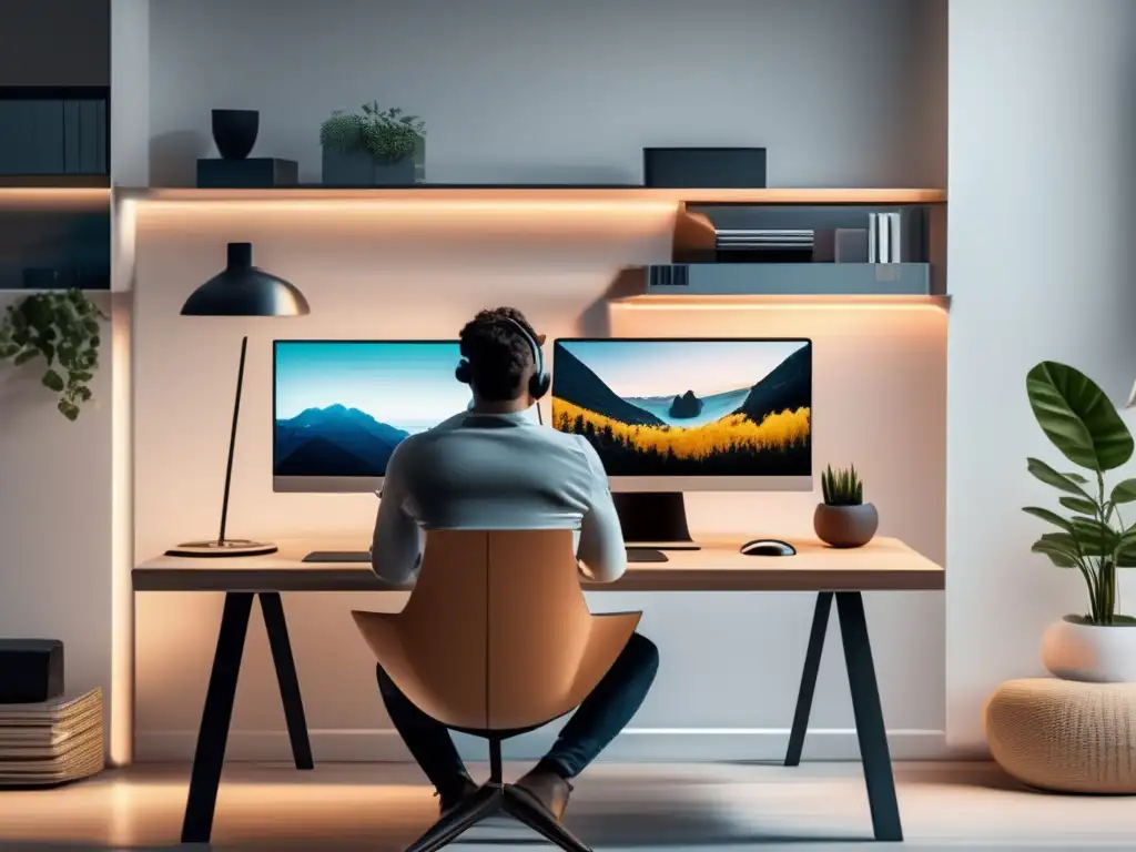 Freelancer exitoso en oficina moderna Guía de pensiones para freelancers: imagen de freelancer en oficina moderna, con dispositivos y gráfico de inversión