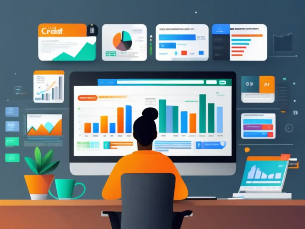 Freelancer investigando opciones de crédito Ilustración minimalista de un freelancer investigando y comparando opciones de crédito en una pantalla moderna