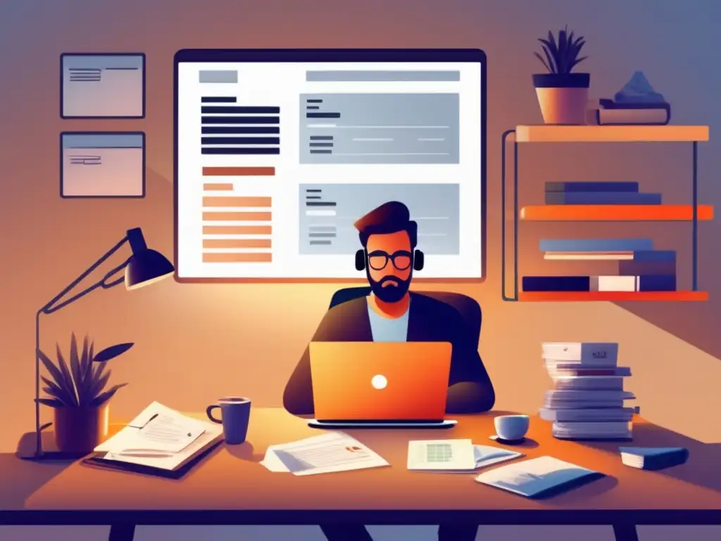 Freelancer organizado en escritorio moderno Freelancer en un escritorio moderno rodeado de documentos y herramientas tributarias