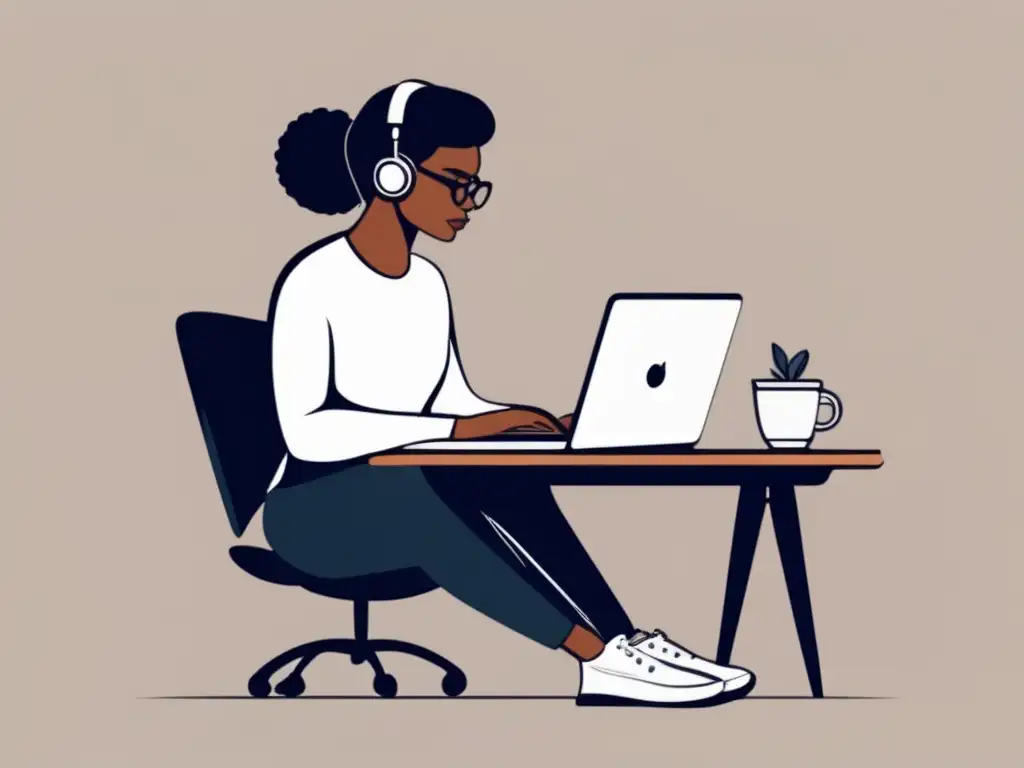 Trabajador freelance enfocado y profesional Un freelancer enfocado en su trabajo, con escritorio limpio y minimalista, representa la estabilidad de los seguros de desempleo para freelancers