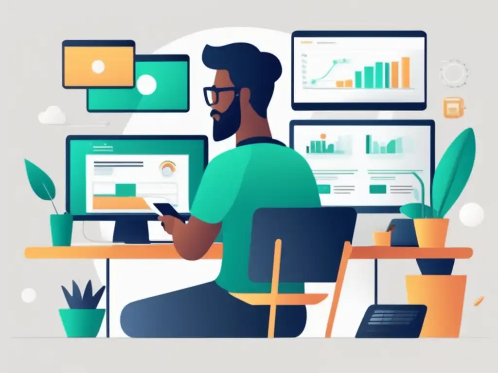 Freelancer adaptable y diversificado Ilustración minimalista de un freelancer en su escritorio con múltiples dispositivos y pantallas
