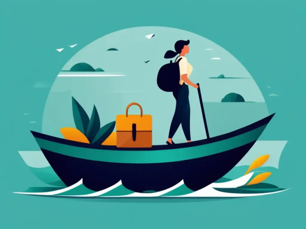 Freelancer navegando riesgos financieros Gestión de riesgos financieros para freelancers: Ilustración minimalista de un freelancer navegando por peligros financieros en un mar de desafíos