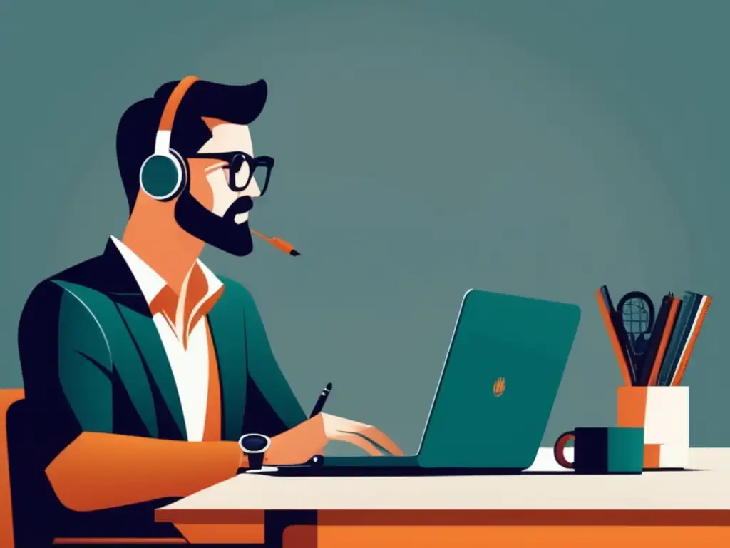 Freelancer en negociación en un escritorio moderno Un freelancer negociando en su escritorio moderno, rodeado de herramientas de trabajo