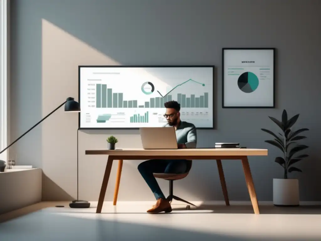 Freelancer enfocado en finanzas Freelancer en oficina minimalista con seminarios web de finanzas para freelancers