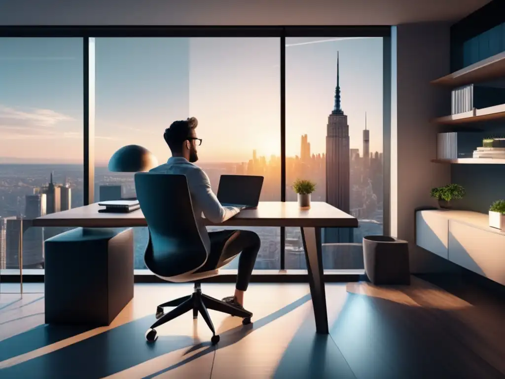 Freelancer en oficina minimalista: estrategias de ahorro e inversión Freelancer en moderna oficina en casa, con vista panorámica de ciudad, enfocado en pantalla con estrategias de ahorro e inversión