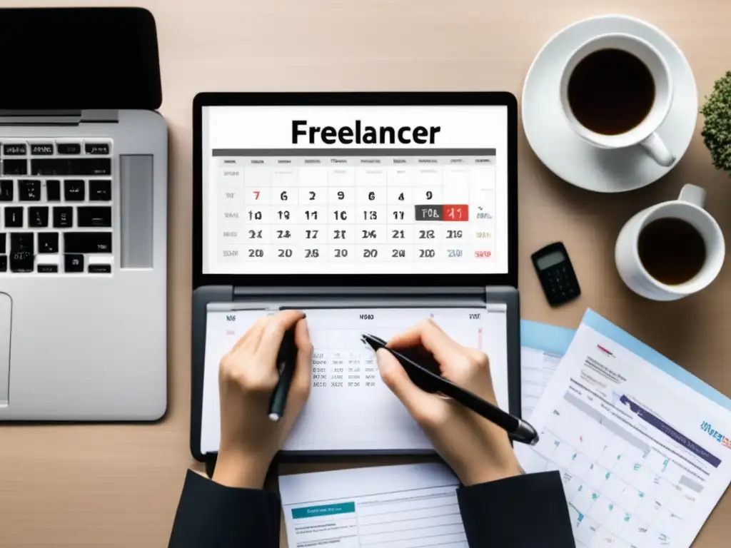Freelancer organizado y eficiente en impuestos Freelancer organizado en su escritorio, resaltando errores comunes de impuestos para freelancers