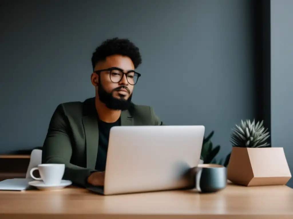 Freelancer trabajando en un escritorio organizado Freelancer en escritorio organizado con vista a la ciudad, reflexionando sobre guía de pensiones especializada
