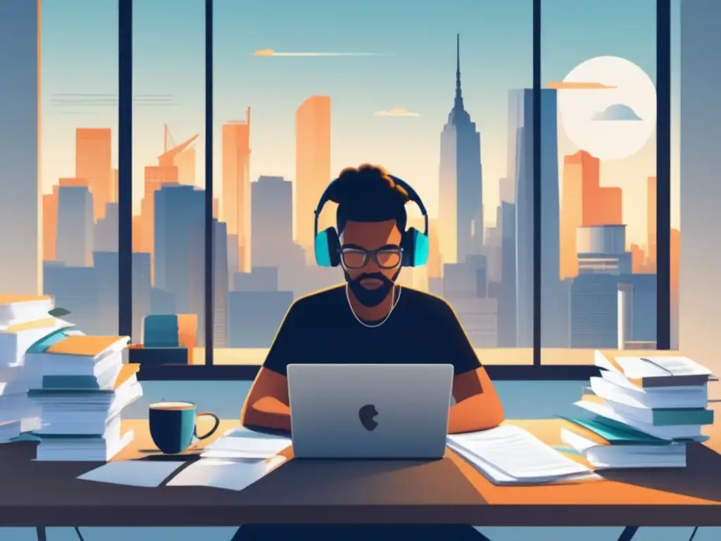 Freelancer organizado en su oficina Freelancer con papeles y skyline, ejemplos errores fiscales comunes