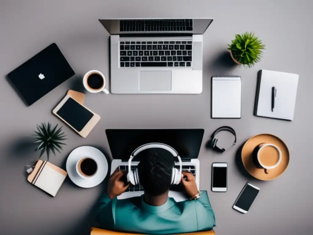 Estrategias de tarifas para freelancers Freelancer trabajando en un escritorio con laptop, objetos representando trabajo freelance