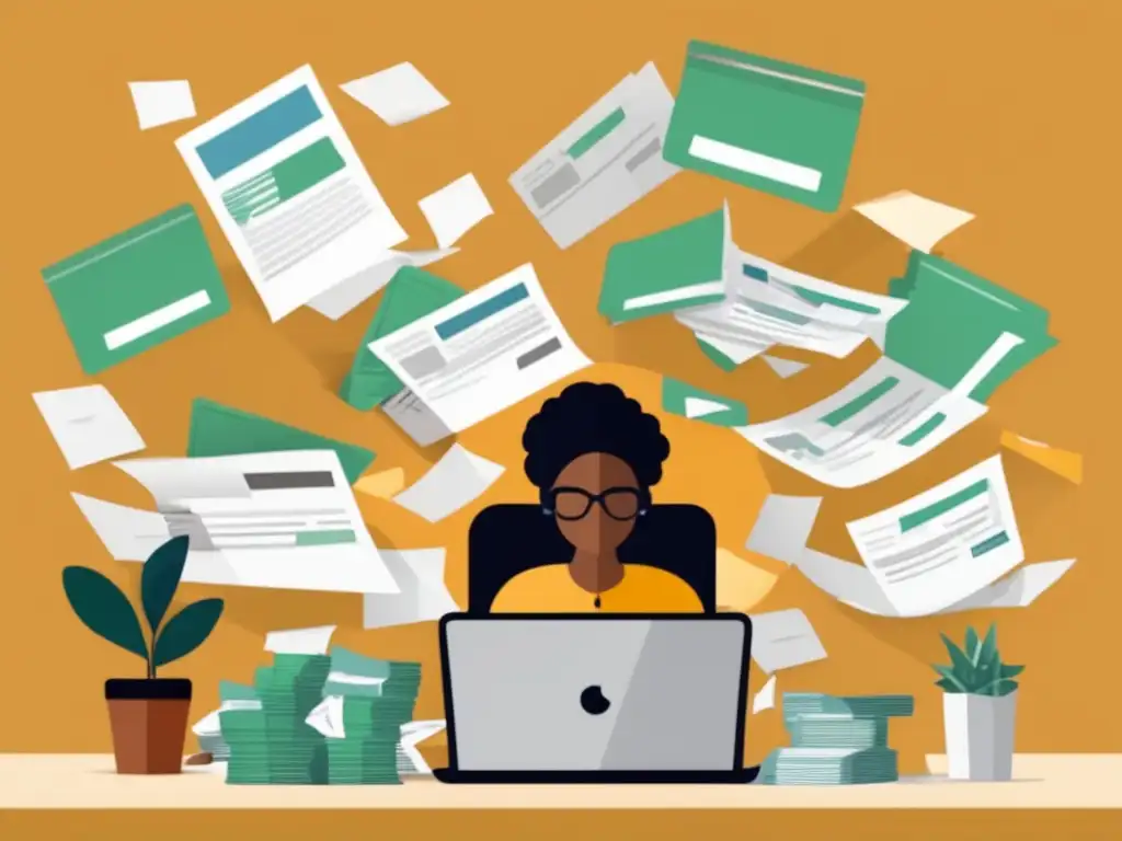 Freelancer desordenado busca mejorar sus finanzas Ilustración minimalista: Freelancer en escritorio con laptop, facturas y deducciones fiscales