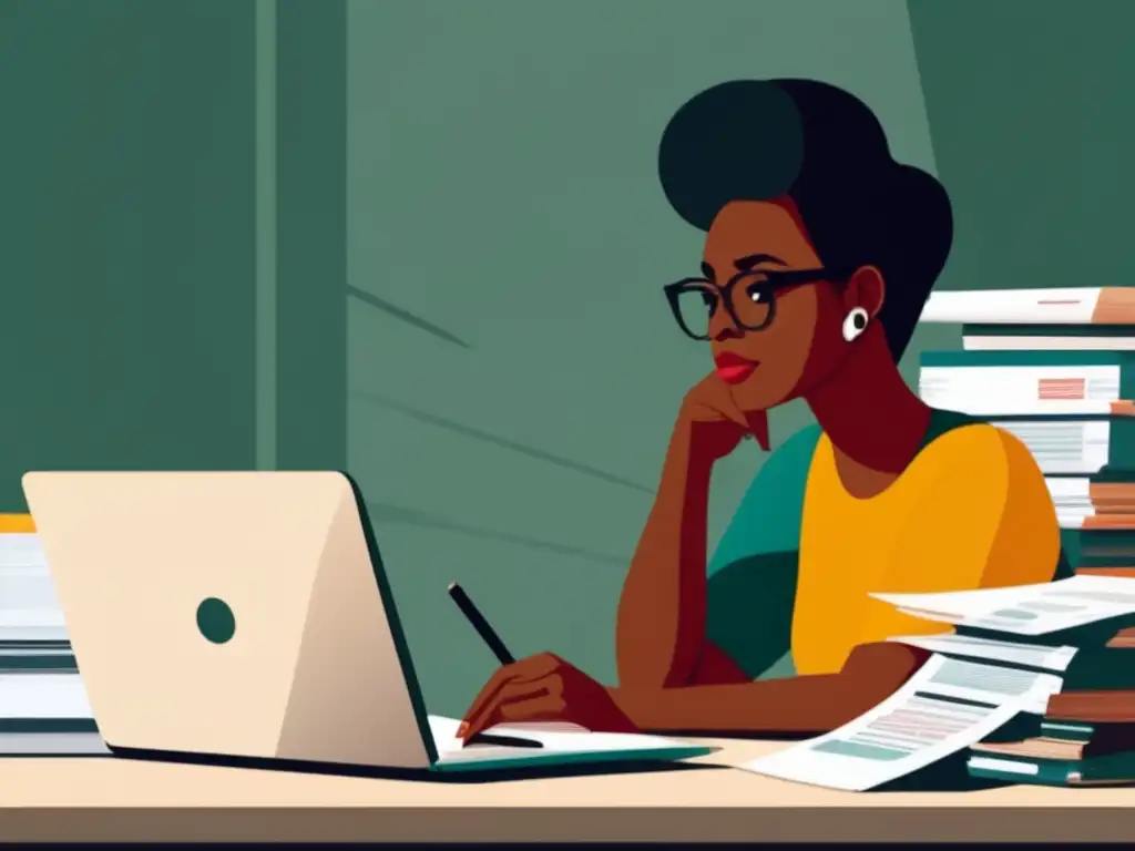 Freelancer inmerso en cálculos fiscales Implicaciones fiscales para freelancers: freelancer pensativo, rodeado de papeles y formularios, calculando impuestos