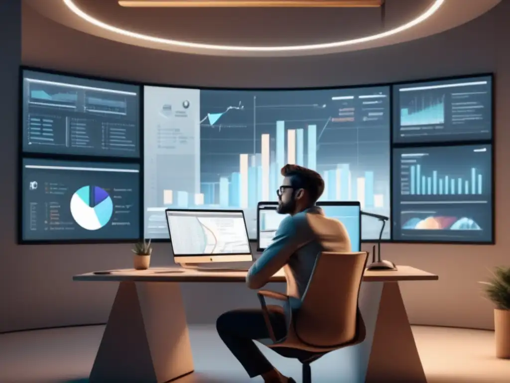 Freelancer analizando gráficos y pensando Freelancer en oficina con gráficos de mercado proyectados, estrategias para proteger finanzas ante volatilidad