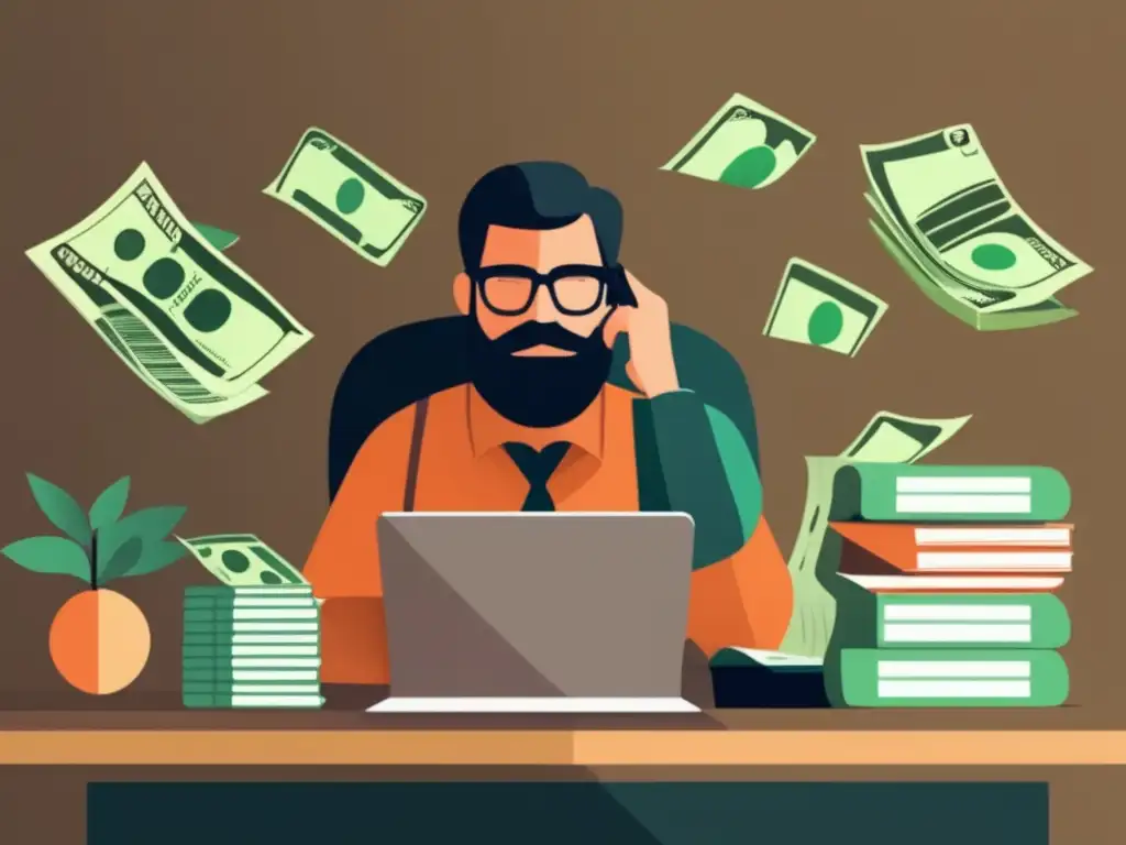 Freelancer planificación financiera Freelancer en su escritorio, rodeado de dinero, formularios de impuestos y documentos de pensiones