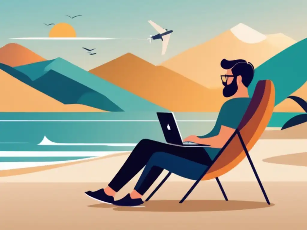 Freelancer relajado en la playa Ilustración minimalista de freelancer planificando retiro en playa y montañas