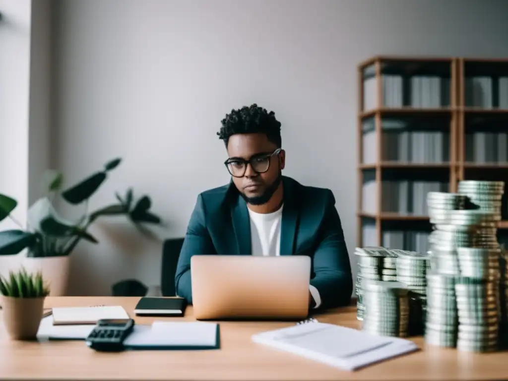 Freelancer calculando tarifas Freelancer fijando tarifas, rodeado de dinero y calculadoras